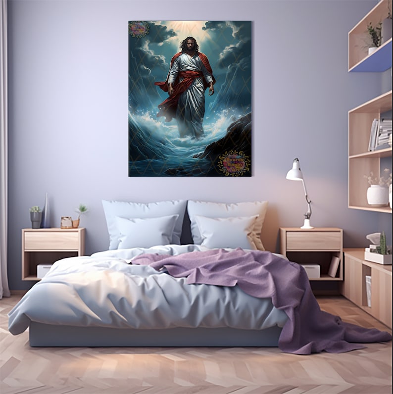 Black Jesus Walking on Water Poster, Jesus Christ Wall Art, Christian