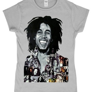 May include: A grey t-shirt featuring a black and white image of Bob Marley. The image is a collage of various photos of Marley, including a close-up of his face.