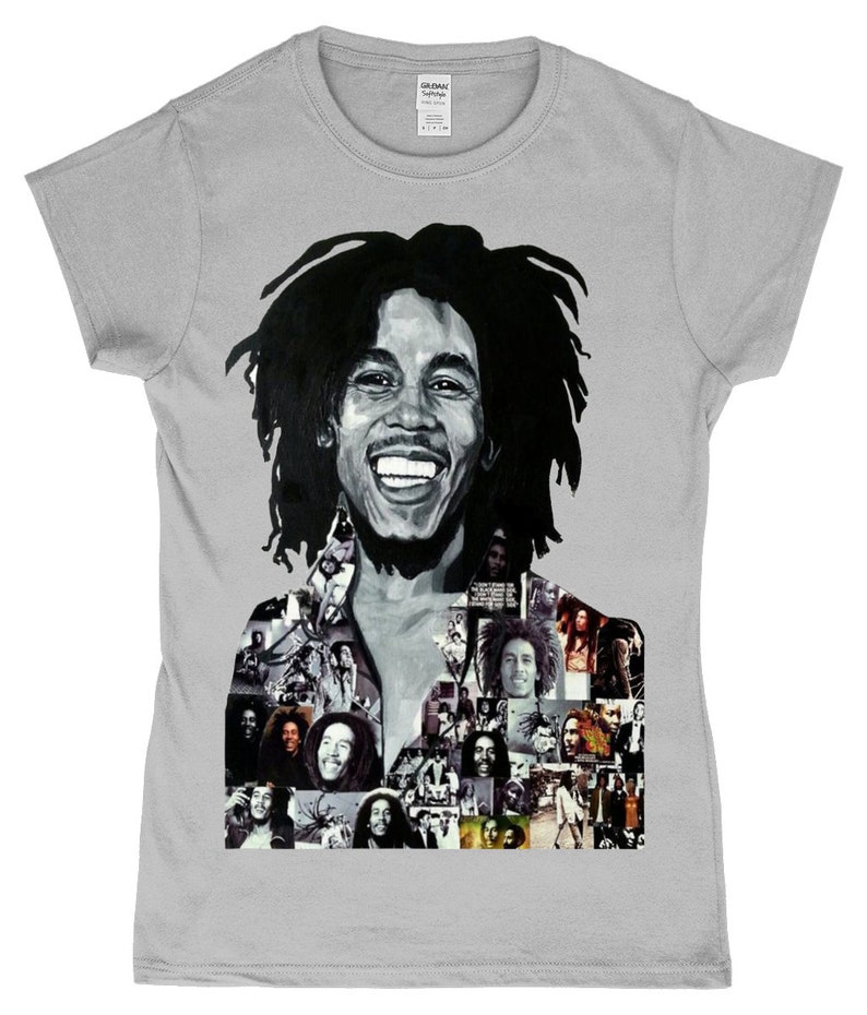 May include: A grey t-shirt featuring a black and white image of Bob Marley. The image is a collage of various photos of Marley, including a close-up of his face.