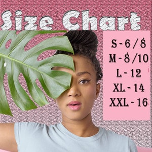 May include: A light blue t-shirt with the text "Melanin mermaid" in pink lettering. The size chart shows sizes S-6/8, M-8/10, L-12, XL-14, and XXL-16.