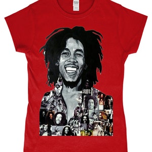 May include: Red t-shirt featuring a black and white portrait of Bob Marley. The portrait is made up of smaller images of Bob Marley.