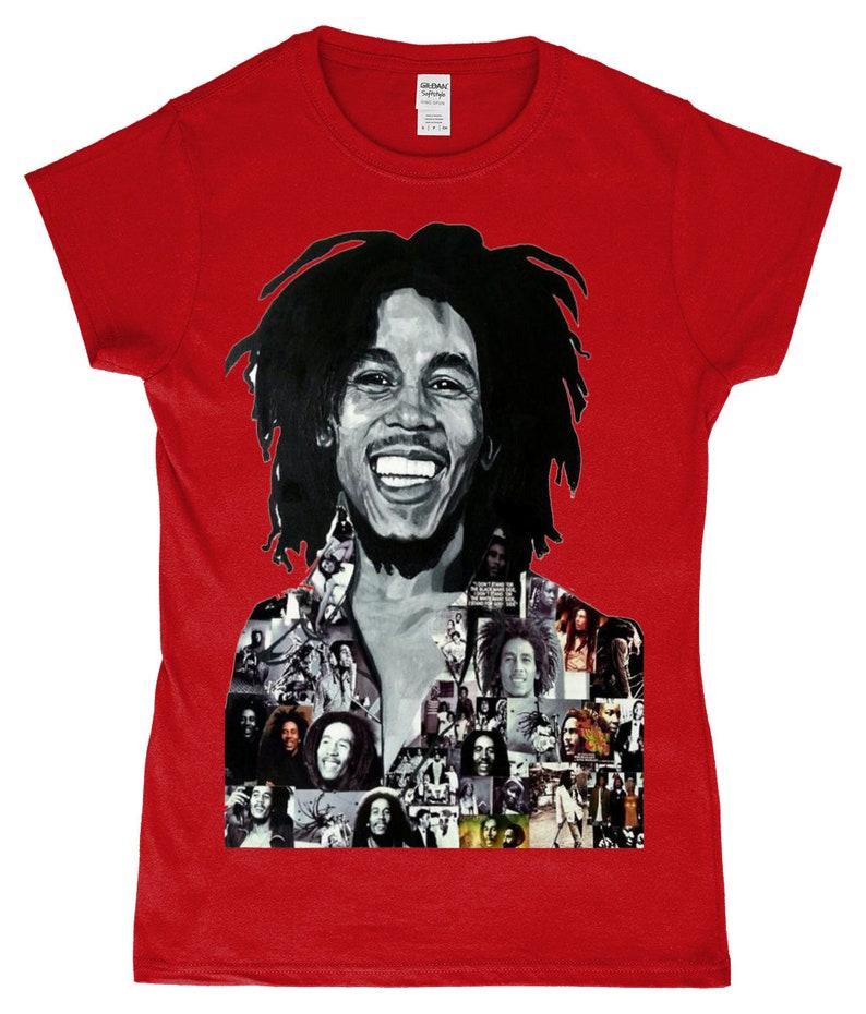 May include: Red t-shirt featuring a black and white portrait of Bob Marley. The portrait is made up of smaller images of Bob Marley.