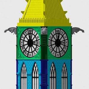 Può includere: Illustrazione colorata di una torre dell'orologio con tetto rosso, tetto giallo, quadranti verdi, pareti blu e viola. I quadranti mostrano numeri romani. Gargoyle sui lati.