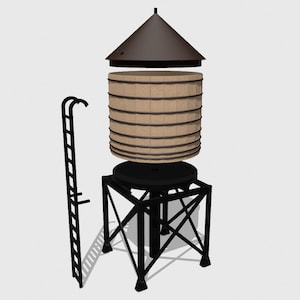 May include: A 3D rendering of a water tower. The tower has a cylindrical wooden tank with metal bands, a conical roof, and a black metal support structure. A black ladder is positioned next to the tower.