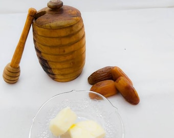 Pot à miel en bois d'olivier avec un Deeper à miel, fabrication tunisienne.