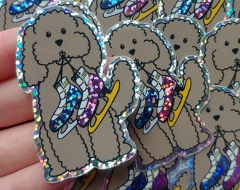 Makkachin on Ice Glitter Sticker, Weatherproof, Anime Decal, cute, 5.5cm