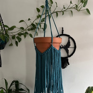 Denim blue in fringed style 10” pot macrame plant holder, denim blue outdoor plant holder, denim blue indoor planter hanging