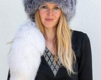Natural Artic Fox Hat WITH TAIL   Scandinavian Pelt Unisex Fur SAGA Ushanka Hat Winterwear