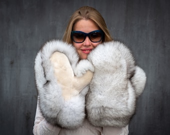 Women’s Fox Double Mittens (Inner and Outer gloves) Super Warm Fur Royal SAGA