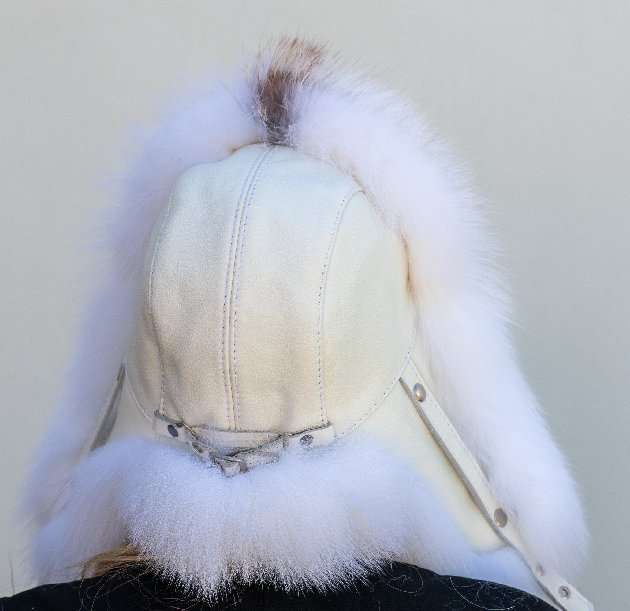 Natural White Fox Cross Fox & Leather Womens Trappers Hat SAGA