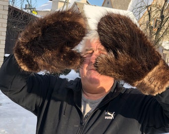 Men’s Beaver Double Mittens (Inner and Outer gloves) Super Warm Fur Royal SAGA