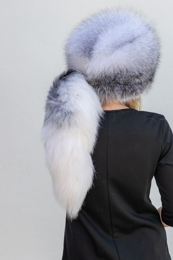 White Fox hat with tail Arctic Marble Fox Fur Hat main image 4