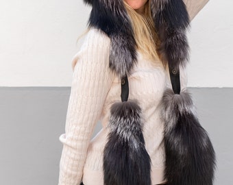 Silver Fox Fur Natural Full Unsiex Men’s Women’s  Ushanka Hat with 2  Detachable Tails