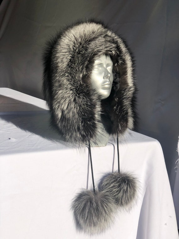 Silver Fox Fur Natural Full Unsiex Men's Women's Eskimo Hat With 2
