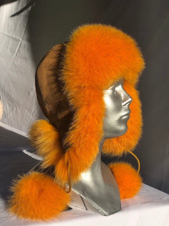 Natural Fox Trapper's Hat Orange Colour Matte Brown Italian