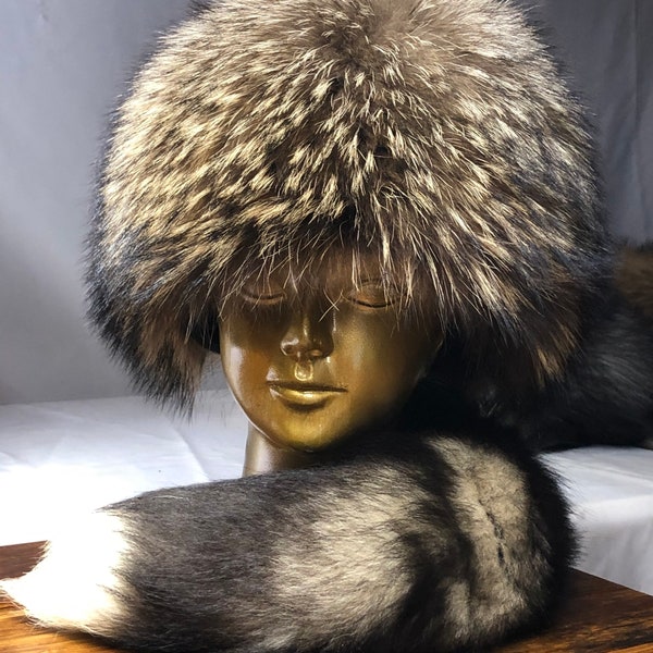 Natural Raccoon Hat WITH TAIL Unisex   Size 57CM Circumference  Fur Royal  SAGA