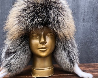 Full Mink Fur and Smoky Saga Fox on Top Natural Hat Trappers Ushanka Finnraccoon  Fur Royal  SAGA