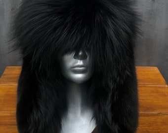 Unisex Natural Silver Fox Front and  Fox Rear Black Trapper’s Hats SAGA Scandinavian  Pelts Pilot Ushanka Aviator