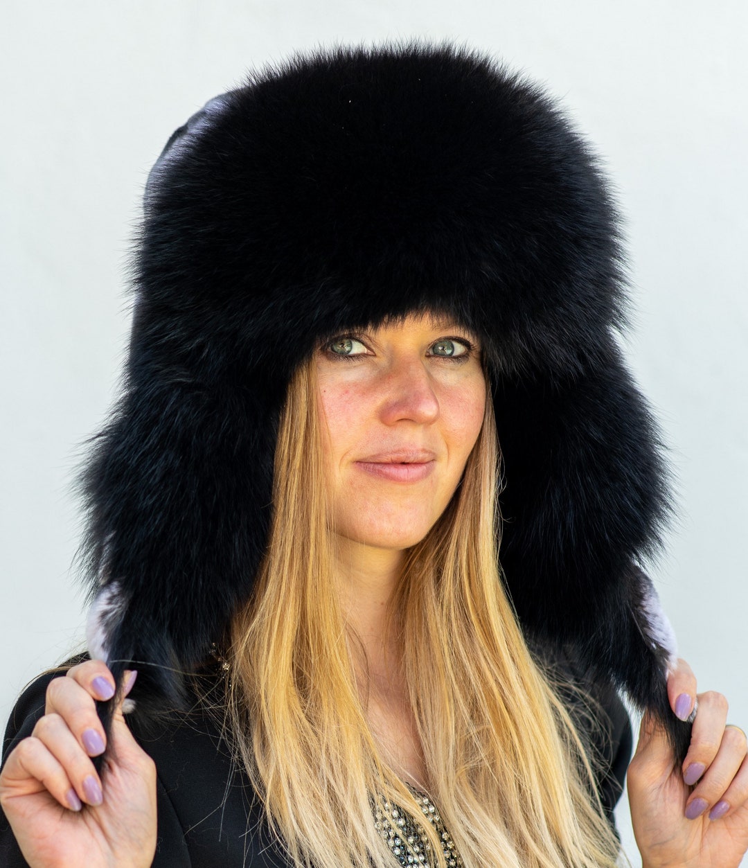 Black Dyed Fox Leather Natural Mens Hat Trappers Ushanka Fur Royal SAGA