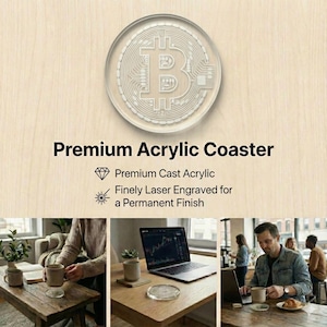 Può includere: Un sottobicchiere in acrilico trasparente con un design Bitcoin inciso al laser. Il sottobicchiere è rotondo e presenta il simbolo Bitcoin in uno stile dettagliato a circuito stampato. Il testo "Premium Acrylic Coaster" è visualizzato sotto.