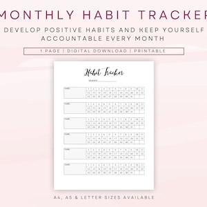 May include: Printable monthly habit tracker with a black and white design. The tracker has a section for the month and a grid for each day of the month. The text "Habit Tracker" is written in cursive at the top of the page.