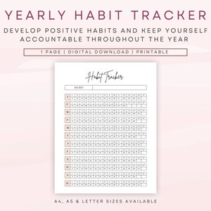 Jaarlijkse gewoonte-tracker afdrukbaar, 365 dagen gewoonte-uitdaging, 12 maanden gewoonte-tracker-tabel, afdrukbare gewoonte-builder, routine-tracker, digitale A4