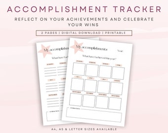May include: Printable accomplishment tracker with a pink star design. The tracker is divided into 12 months and includes a space for "Year" and "Year-End Wins".