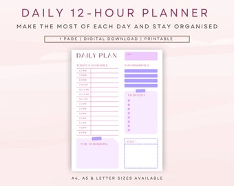 Puede incluir: Un planificador diario imprimible con un esquema de color rosa y morado. El planificador incluye secciones para el horario de hoy, las principales prioridades, la lista de tareas, las notas y para mañana. El planificador está disponible en tamaños A4, A5 y carta.
