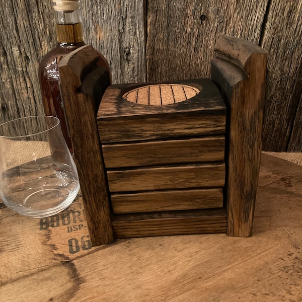 Coaster caddy with coasters made from repurposed bourbon barrels. 4pk/6pk  Free Shipping!