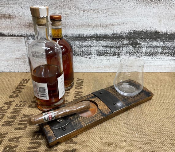 Repurposed bourbon barrel cigar tray coaster. Glass included.  Free shipping!