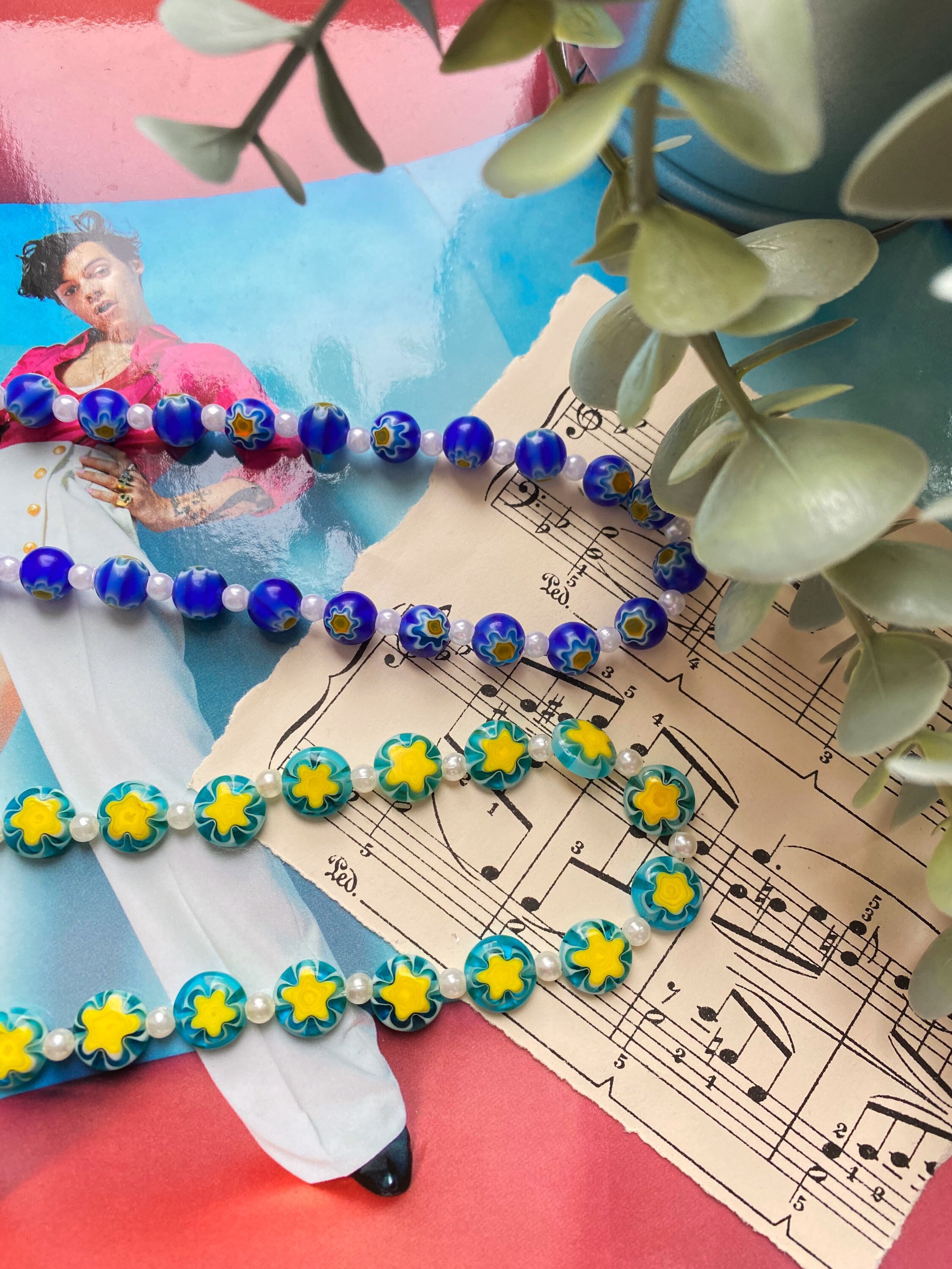 harry styles inspired blue millefiori necklace