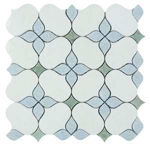 May include: Square mosaic tile featuring a repeating floral pattern. The design incorporates white, light blue, and green elements. The tile's shape is a combination of rounded and pointed edges, creating a visually appealing and intricate design.