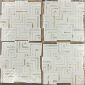 May include: Four white marble mosaic tiles with a geometric pattern. The tiles are arranged in a square shape and are packaged in plastic wrap.