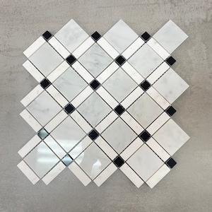 White Carrara, Thassos White and Absolute Black Square Diamond Mosaic Tile EST000ME63
