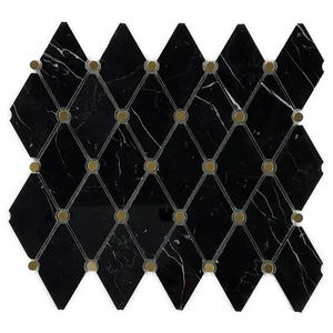 May include: Black marble tile with a diamond pattern. The tiles are connected by a network of thin, light-colored lines and small, gold-colored circular accents. The marble has white veining.