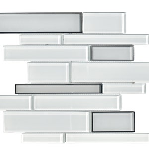 May include: White glass mosaic tile sheet with a staggered pattern. The tiles have a frosted finish and black grout lines.