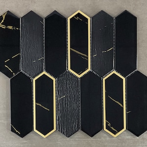Black with Gold Glazed Picket Glass Mosaic Tile - EST000GOL14