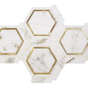 Calacatta Gold, Thassos White & Gold Aluminum Large Honeycomb Mosaic Tile - EST0000MR26