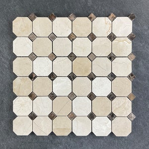 Crema Marfil 2" Octagon with Dark Emperador dot Mosaic Tile - EST000MCM11