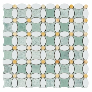 Ming Green, Thassos White and Honey Onyx Zio Flower Wall and Floor Mosaic Tile - MFL21