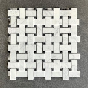 White Carrara Basketweave with black dot Marble Mosaic Tile EST000MW9
