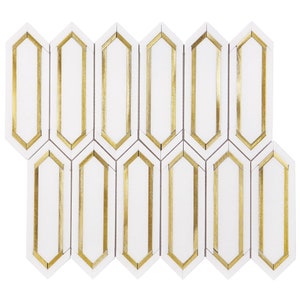 Thassos White Marble & Gold Aluminum Elongated Mosaic Tile - EST000OL4