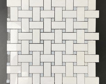 Thassos White Basketweave with Blue Celeste Dot Marble Mosaic Tile - EST000TW92