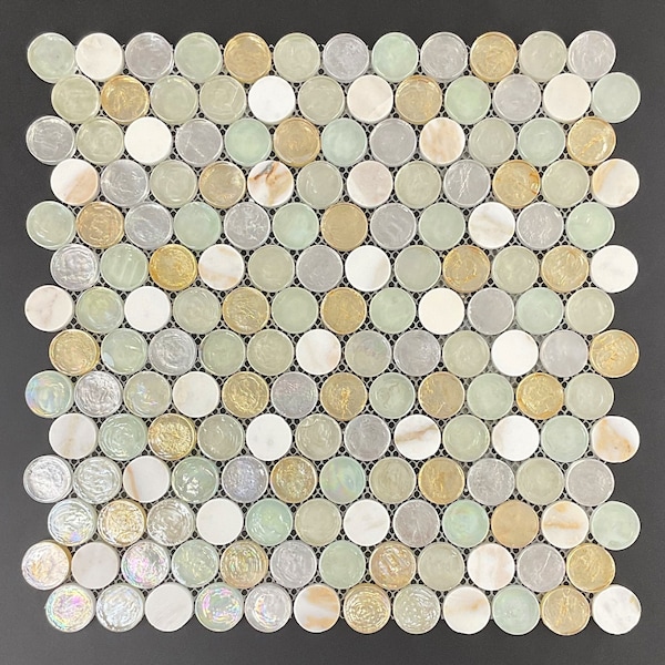 1" Penny Round White, Green, Gold Metallic Glossy Glass & Marble Mosaic Tile - EST000GP25