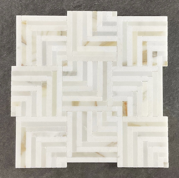Thassos White & Calacatta Gold Groutless Square Basketweave  Marble Mosaic Tile - LS2