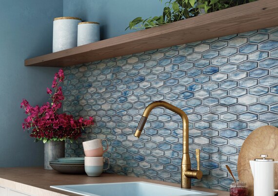 hexagon glass tile backsplash