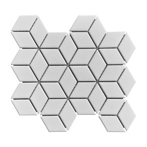 May include: White ceramic tile mosaic with a geometric pattern of interlocking diamonds. The tiles are arranged in a hexagonal shape.