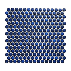 May include: A sheet of blue penny round mosaic tiles. The tiles are arranged in a staggered pattern.