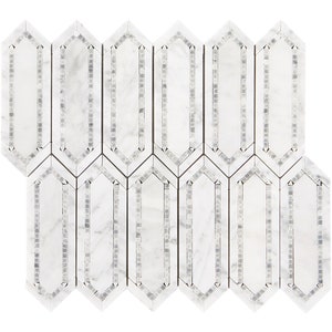 May include: White marble mosaic tile with a geometric pattern. The tiles are arranged in a staggered pattern to create a unique design. The tiles are approximately 1 inch wide and 3 inches long.
