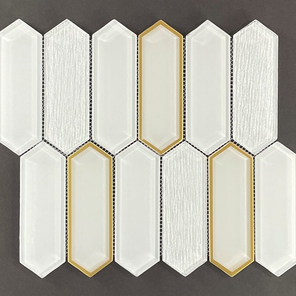 White with Gold Glazed Picket Glass Mosaic Tile - EST000GOL16